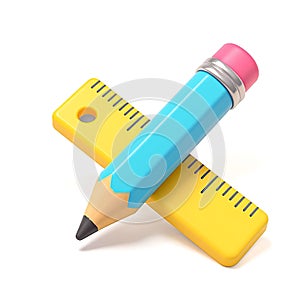 3D icon of Pencil and ruler isolated on white background, school and office stationery