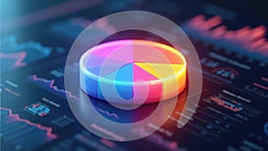 A 3D icon of a pie chart with glowing segments in corporate colors, hovering over a sleek dashboard, data visualization