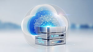 3D Cloud Computing Icon with Server Stack and Network Connections data storage