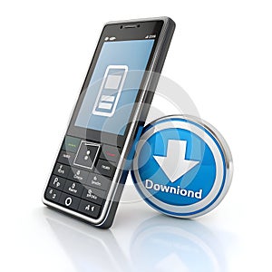 3D mobile phone and data download icon isolated on white background photo