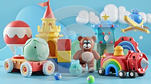 The 3d icon set contains train, plane, castle, ball, cubes, bear, and other kids toys.