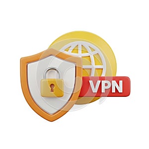 3D Icon of a Shield with a Lock and VPN Text with a Globe Symbol virtual private network