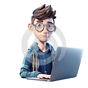 3D icon Young business man working with his laptop in the office or home, employee, freelancer programmer cartoon close up