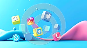 Colorful 3D Social Media Icons in Motion against Blue and Pink Background. Modern and vibrant illustration for digital photo