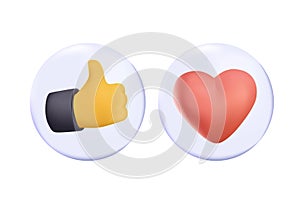 3d icons, volume thumb up gesture and heart as likes on red and blue circles. Thumbs, heart icon. Vector love and love