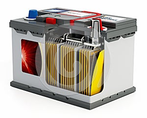 3D illlustration of a generic car battery showing a portion of the battery interior structure photo