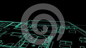 Abstract architecture background: blueprint house plan and wire frame model of building