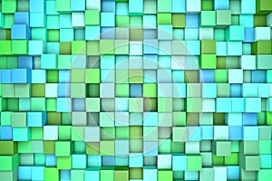 3d illustration: abstract background, colored blocks green - blue color. Range of shades. Wall of cubes. Pixels art.