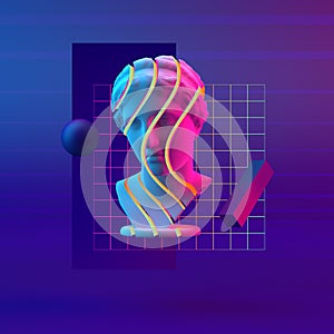 3d-illustration abstract composition of bust and primitive objects on violet background