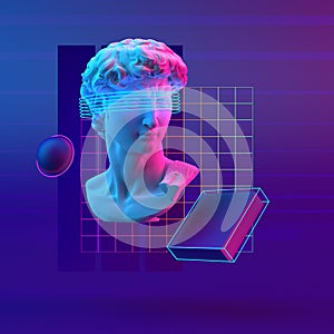 3d-illustration abstract composition of bust and primitive objects on violet background