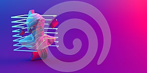 3d-illustration of an abstract composition of sculpture and primitive objects on violet background