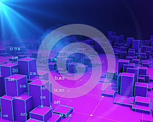 3D illustration abstract  infographic with blue  wireframe boxes and light lines effects.  Business and finance analytics