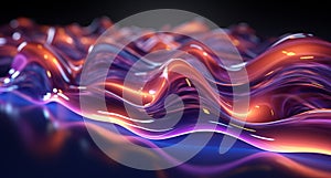 3D illustration of an abstract wavy figure. Multicolored neon background