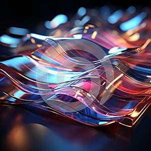 3D illustration of an abstract wavy figure. Multicolored neon background