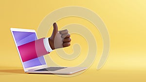 3d illustration. African cartoon character businessman hand shows thumb up, like gesture, sticking out the laptop screen.