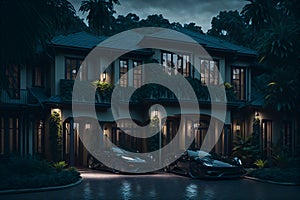 Two sports cars parked in front of a house created with Generative AI technology