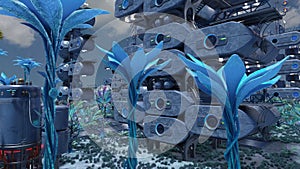 3D-illustration of an alien city somewhere in the universe