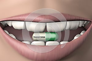 3d illustration antidepressant pill in human mouth with strong teeth photo