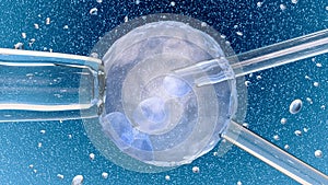 3d illustration: Artificial insemination: glass  needle fertilizing a female egg on dark blue background with bubbles. Medical con photo