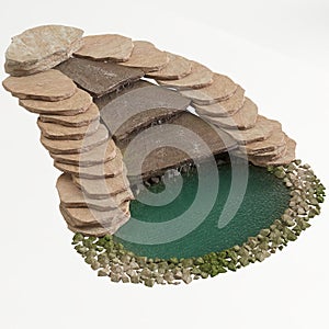 3d illustration of artificial waterfall in garden with bird's eye view isolated on white background