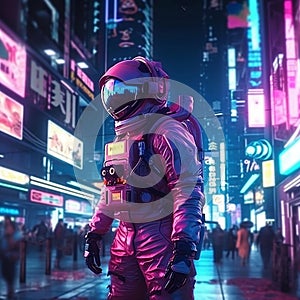 Neon Night Adventures: Futuristic Astronaut in Cyberpunk City, generative AI