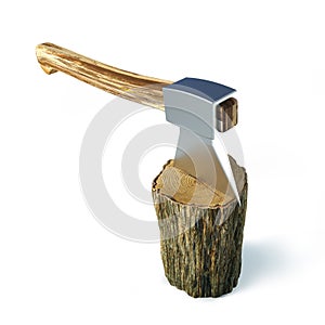 3D illustration of an axe splitting a log photo