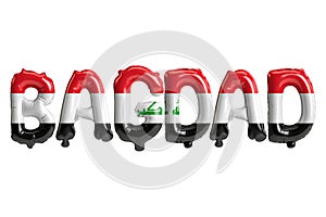 3d illustration of Bagdad capital balloons with Iraq flags color isolated on white photo