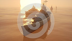 3d illustration of a battleship fleet in the open ocean at sunset