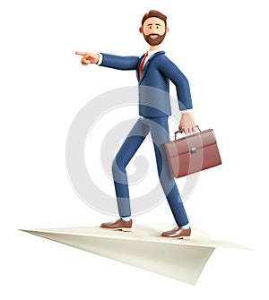 3D illustration of bearded man with briefcase flying on a huge paper airplane. Cartoon businessman pointing forward with hand