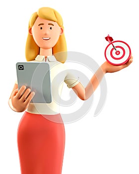 3D illustration of beautiful woman with tablet holding a modern target with a dart in the center, arrow in bullseye.