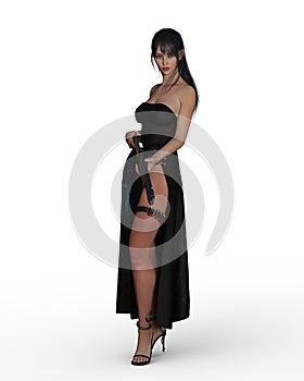 3D illustration of a beautiful young woman in ablack dress holding a shotgun isolated on a white background