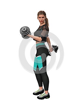 3D illustration of a beautiful young woman training with weights