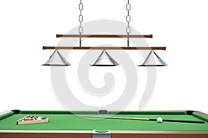 3D illustration Billiard balls on green table with billiard cue, Snooker, Pool game. Billiard concept