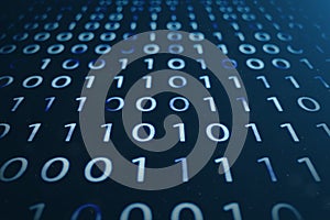 3D illustration binary code on blue background. Bytes of binary code. Concept technology. Digital binary background.