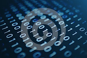 3D illustration binary code on blue background. Bytes of binary code. Concept technology. Digital binary background.