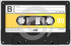 Yellow,white and black audio cassette with sticker and label