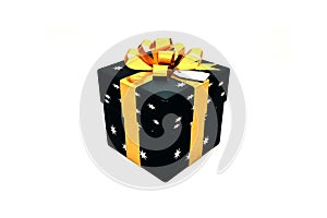 3d illustration: Black gift box with star, golden metal ribbon / bow and tag on a white background isolated.