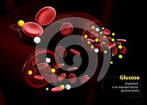 3d Illustration of blood glucose level. Normal level, Hyperglycemia and Hypoglycemia. blood vessels with crystals of sugar photo
