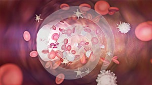 3D illustration of a bloodstream with red cell white cell and platelet