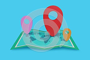 3D illustration blue background,red,pink and orange location symbol pin icon on map,navigation sign isoladed on background photo