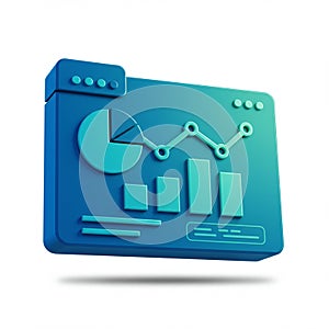 3D illustration of a blue gradient digital dashboard with a pie chart, bar graph, and a lin