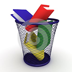 3D illustration of books thrown in waste bin photo