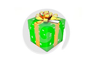 3d illustration: Bright green gift box with star, golden metal ribbon / bow and tag on a white background isolated.