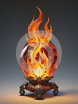 3d illustration of burning fire with black glass sphere on black background