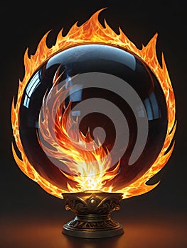 3d illustration of burning fire with black glass sphere on black background