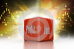 Business dice showing profit and loss in color background photo