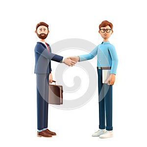 3D illustration of business handshake. Cute cartoon smiling man with laptop and bearded businessman with briefcase