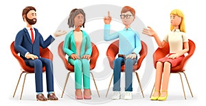 3D illustration of business team meeting, talking and gesticulating in an excited manner. Multicultural people characters sitting photo