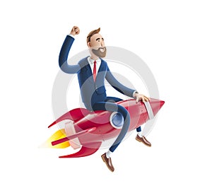 3d illustration. Businessman Billy flying on a rocket up. Concept of  business startup, launching of a new company. photo
