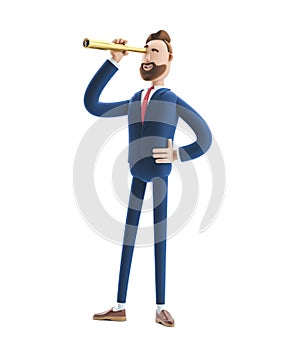 3d illustration. Businessman Billy  looking in future with spyglass . photo